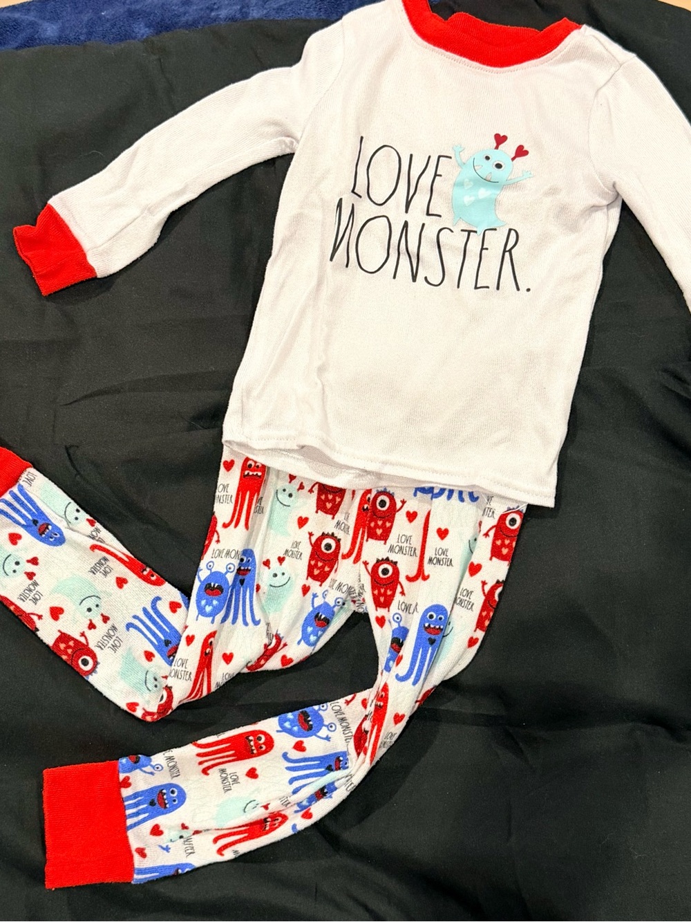 Rae Dunn White Top & Red Blue Monster Print Kids Pajama Set